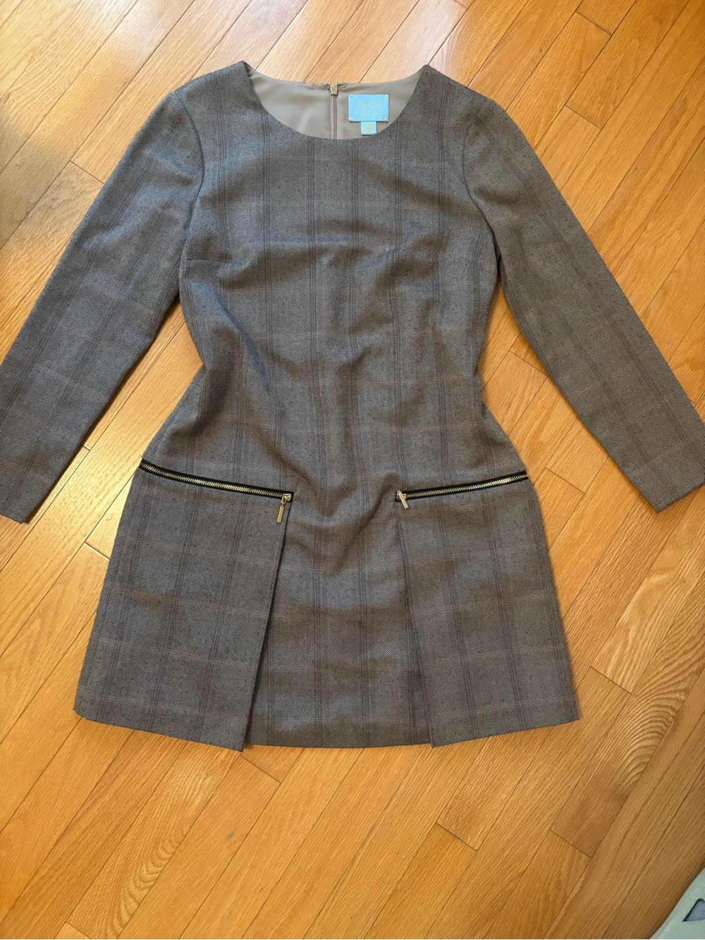 Tailored Gray Plaid Long-Sleeve Coat Dress